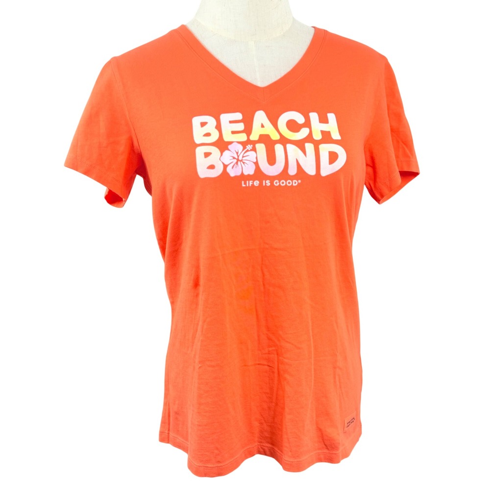Life is Good S T Shirt Orange Beach Graphic V Neck Crusher Lite Tee Vacation GUC